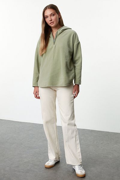 Trendyol Collection Khaki oversize fleecová mikina s kapucí – na zip, silný fleece Twoaw22Sw2063
