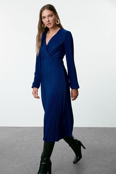 Trendyol Collection Rochie midi tricotată elastică - Saks plisată, căptușită, înfășurată - TWOAW25EL00405