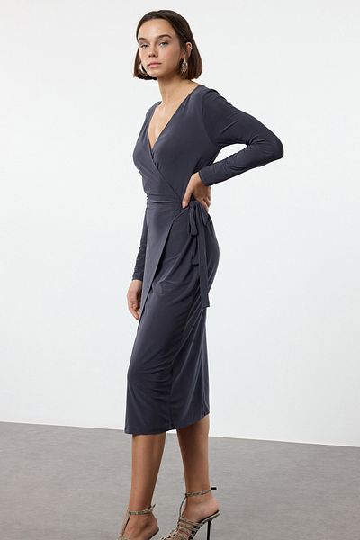 Trendyol Collection Anthracite Midi Knitted Dress - Double Breasted Collar and Belted, Fitted on the Body Twoaw24El00290