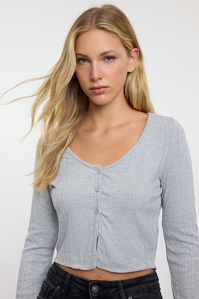 Trendyol Collection Εύκαμπτη γκρι μελανζέ γιακά μακρυμάνικη μπλούζα - Εφαρμόσιμη, Twoaw25bz00202