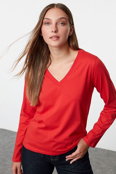 Trendyol Collection Piros V-nyakú, hosszú ujjú 100% pamut póló - Twoaw21ts0099