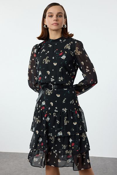 Trendyol Collection Μαύρο-Πολύχρωμο Φόρεμα Midi Skater με φλοράλ στάμπα - TWOAW21EL0354