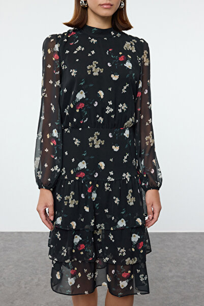 Trendyol Collection Μαύρο-Πολύχρωμο Φόρεμα Midi Skater με φλοράλ στάμπα - TWOAW21EL0354