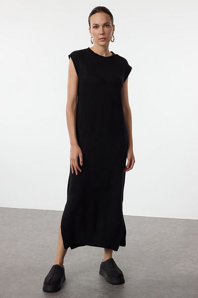 Trendyol Collection Μαλακή υφή Μαύρο Maxi Knitwear Gilet Φόρεμα - Λεπτομέρεια με σκίσιμο TWOAW25EL00022