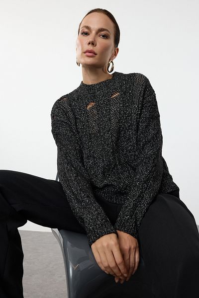 Trendyol Collection Pulover negru cu model de tricotat de păr - bumbac TWOAW25KZ00214