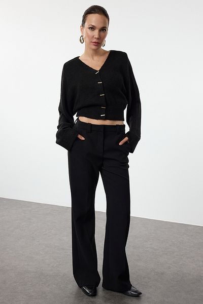 Trendyol Collection Black Button Detailed V-Neck Soft Textured Crop Knitwear Cardigan Twoaw25Hi00074