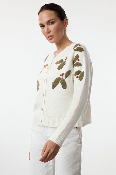 Trendyol Collection Novoroční téma Ecru - Měkká textura a kamínky vyšívané pletené zboží Detail knoflíku Twoaw25Hi00343