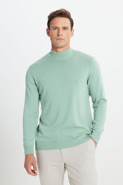ALTINYILDIZ CLASSICS Ανδρικό βαμβακερό πλεκτό πουλόβερ Aqua Green Standard Fit κανονικής κοπής με μισό λαιμόκοψη