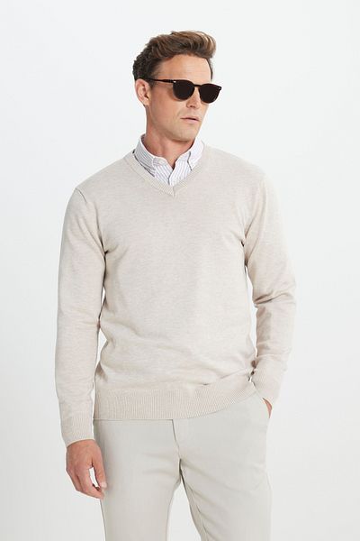 ALTINYILDIZ CLASSICS Beige Melange Strickpullover für Herren mit normaler Passform und V-Ausschnitt