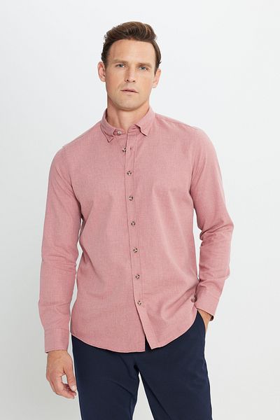 ALTINYILDIZ CLASSICS Weinrotes Oxford-Flanellhemd im Slim Fit für Herren – geknöpfter Kragen, Slim Fit