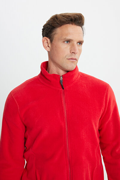 AC&Co / Altınyıldız Classics Men's Red Anti-pilling Fleece Jacket - Standing Bato Collar, Non-Pilling, Standard Fit Sweatshirt