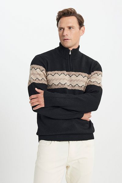 AC&Co / Altınyıldız Classics Men's Black-beige Standard Fit Normal Cut Stand-Up Bato Collar Woolen Shawl Soft Textured Knitwear Sweater