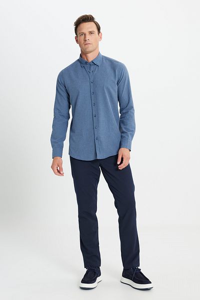 AC&Co / Altınyıldız Classics Navy Blue Flannel Oxford - Slim Fit Winter Shirt, Slim Fit and Buttoned Collar