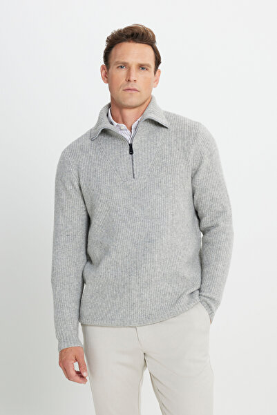 ALTINYILDIZ CLASSICS Pánský úpletový svetr s límcem s límečkem a vzorem v šedé barvě Melange vlna Standard Fit