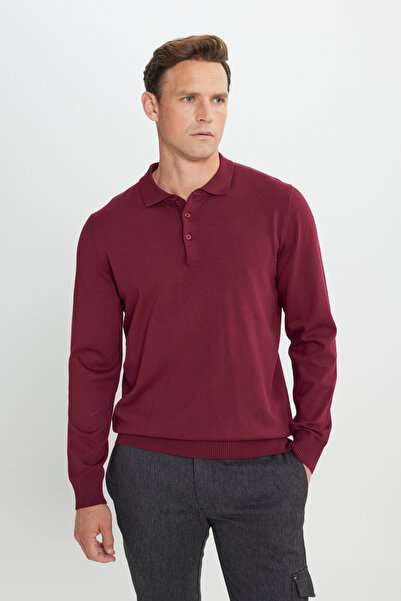 ALTINYILDIZ CLASSICS Men's Claret Red Standard Fit Normal Cut Polo Neck Knitwear Sweater