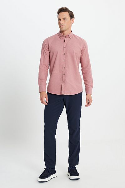 ALTINYILDIZ CLASSICS Weinrotes Oxford-Flanellhemd im Slim Fit für Herren – geknöpfter Kragen, Slim Fit