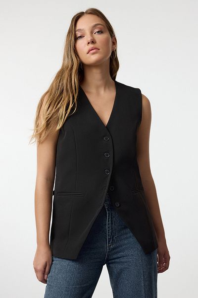 Trendyol Collection Black Regular V-Neck Woven Vest Twoaw25Ye00056