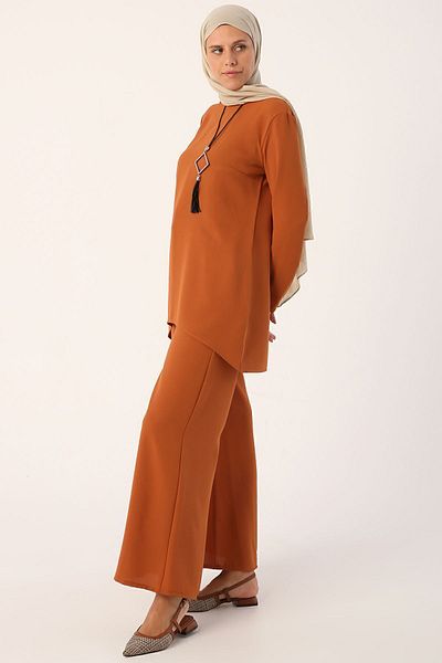ALLDAY Tan Necklace Wide Leg Trousers Tunic Suit