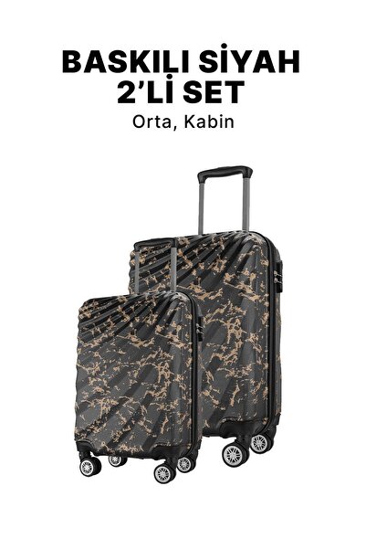 Wexta Wx-300 Baskılı Siyah Orta&kabin 2'li Set Valiz