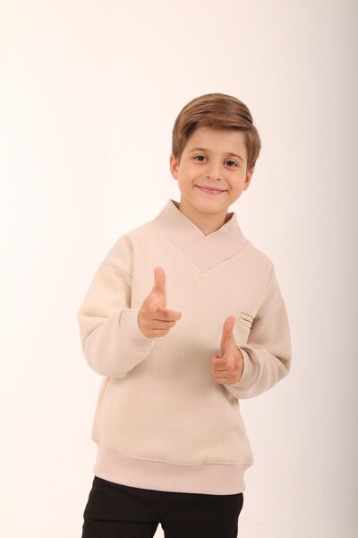 Perendi Boy's Sweatshirt - Stone with Pocket Detail and Fleece