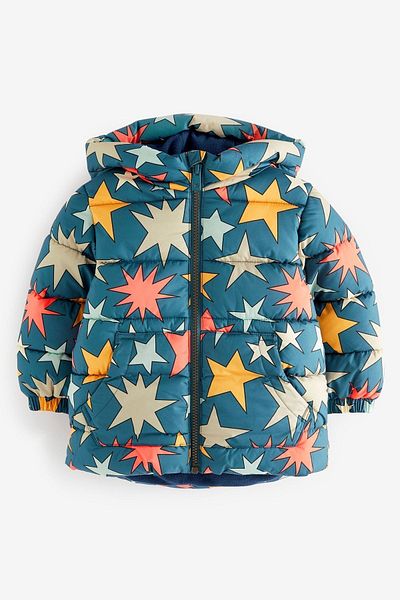 Next Baby Fleece Lined Sea Blue Star Patterned Waterproof Hooded Coat