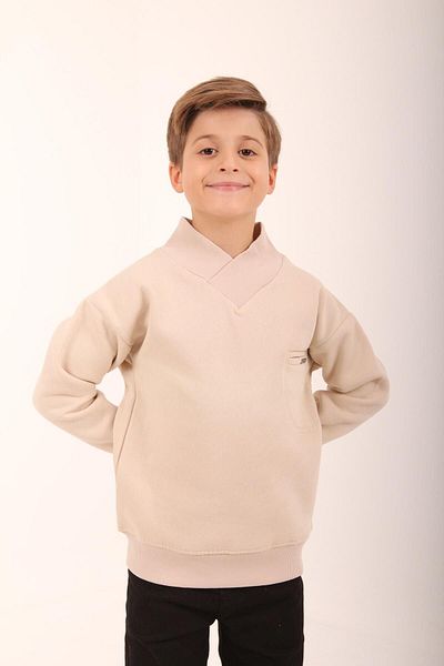 Perendi Boy's Sweatshirt - Stone with Pocket Detail and Fleece