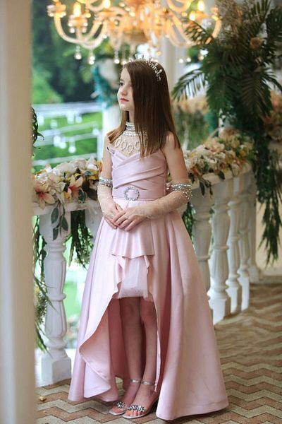 Ribbon kids Βραδινό φόρεμα από σατέν ύφασμα για κορίτσι. Γάντια μπράτσων, Στέμμα κεφαλιού,