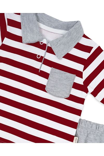 Bebelop Polo Collar Striped Single Pocket Knee Protection Baby Boy Top and Bottom Stitched Combed Cotton Set