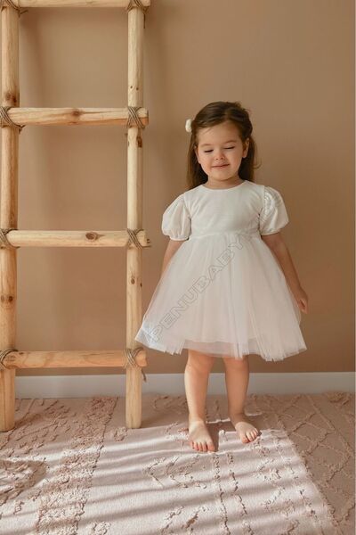 penu baby kids Beyaz Kısa Balon Kumaş Kol Altı Tütülü Kız Bebek Elbise - Cinderella