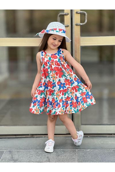 CENGO KIDS COCUK GIYIM Floral Print Dress and Holiday Hat for Girl - Gift Set