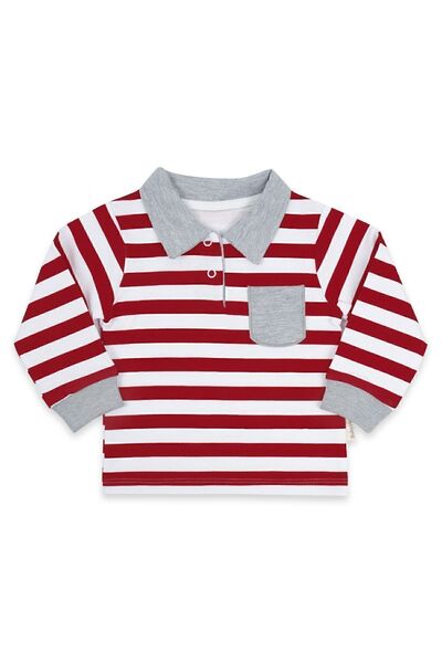 Bebelop Polo Collar Striped Single Pocket Knee Protection Baby Boy Top and Bottom Stitched Combed Cotton Set