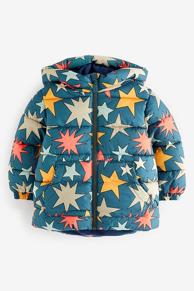 Next Baby Sea Blue Star Patterned Fleece Lined Waterproof Hooded Jacket
