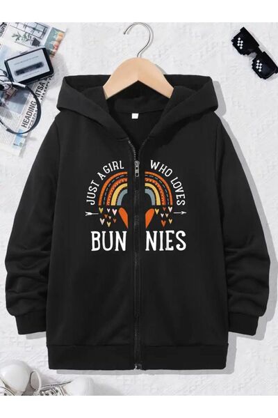 Baxia سترة أطفال بغطاء للرأس للأولاد والبنات مطبوعة بسحاب أسود