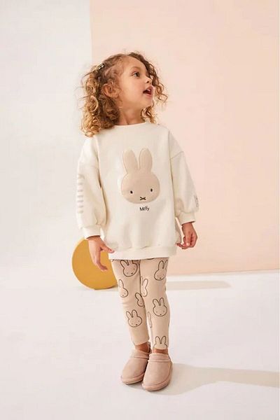 Ladin Store New Season Girls' Miffy Λεπτομερές μπεζ βαμβακερό φούτερ και κολάν με ραβδώσεις στο κάτω μέρος-επάνω διπλό σετ