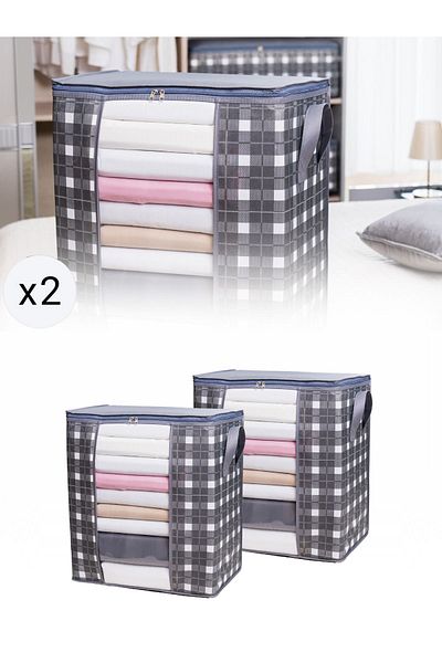 NACAREV Gray Plaid Patterned 2 Pieces Windowed Pillow and Clothing Organizer Set - 45X30X50Cm