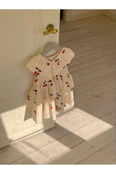 ElfinKids Cherry Patterned Muslin Fabric Girl's Dress