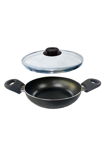 Mehtap 20 cm Honeycomb Patterned Teflon Pan with Glass Cover