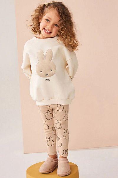 Ladin Store New Season Girls' Miffy Λεπτομερές μπεζ βαμβακερό φούτερ και κολάν με ραβδώσεις στο κάτω μέρος-επάνω διπλό σετ