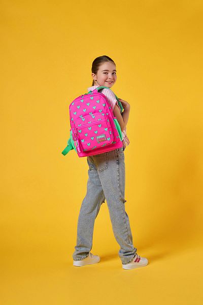 Coral High Rucsac școlar cu patru compartimente pentru copii, roz neon, verde apă, cu model inimă 23113