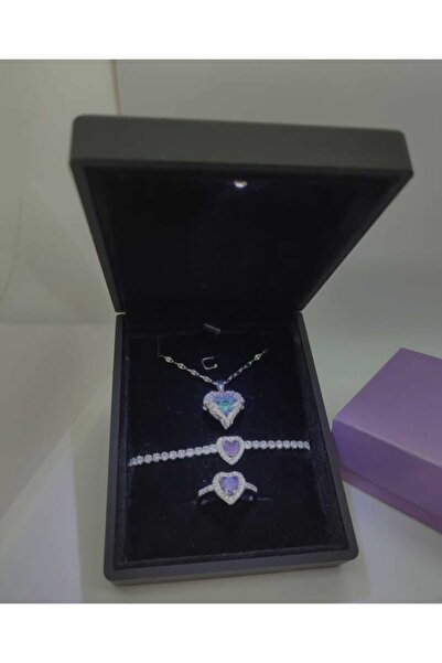 HKN AVM ACCESSORİES Işıklı Set Kutusunda Çelik Okyanus Kolye Kalpli Yüzük Bileklik Seti Sevgililer Günü Hediyesi