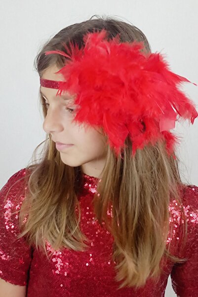 GİST Kız Çocuk Kırmızı Tüy Süslemeli Simli Saç Bandı