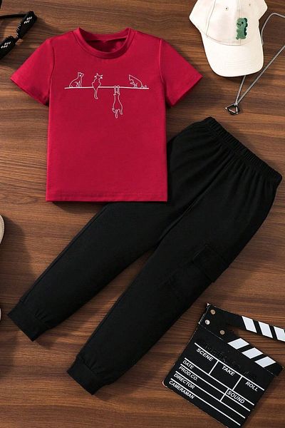 uyguntarz Trainingsanzug-Set für Kinder mit „Naughty Cat“-Aufdruck