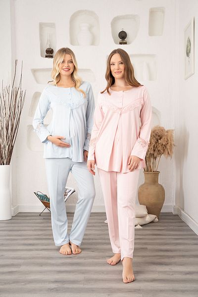 Lohussa Set pijama și rochie de damă din dantelă albastră - bumbac de iarnă, pentru gravide și maternitate