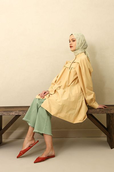 ALLDAY Dirty Yellow 100% Cotton Judge Collar Pleated Cotton Tunic