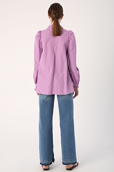 ALLDAY Lila-Yakası Fular Detaylı Kolu Büzgülü Tunik
