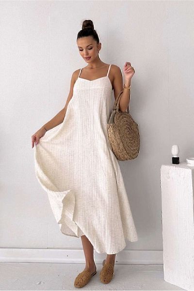 manana fashion Rochie cu bretele reglabile din țesătură de in brut, căptușită lungă de culoare ecru