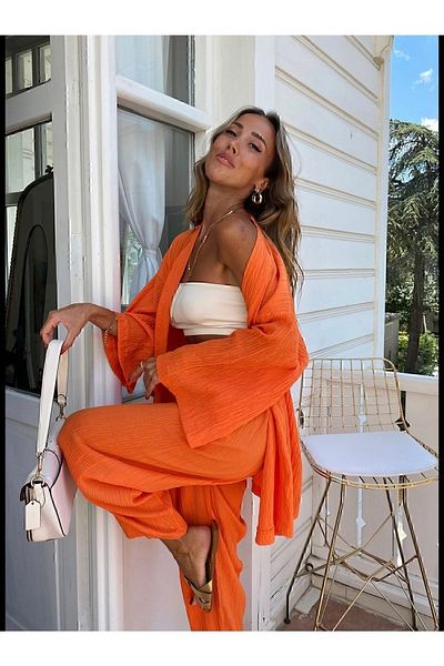 manana fashion Narancssárga Seersucker kimonó nadrág szett
