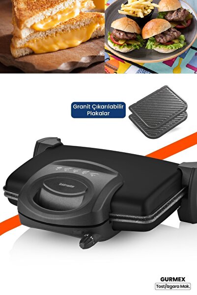 GOLDMASTER Gurmex Black 1750 Watt Granite Removable Plate 5 Level Heat Adjustable Toaster and Grill Machine
