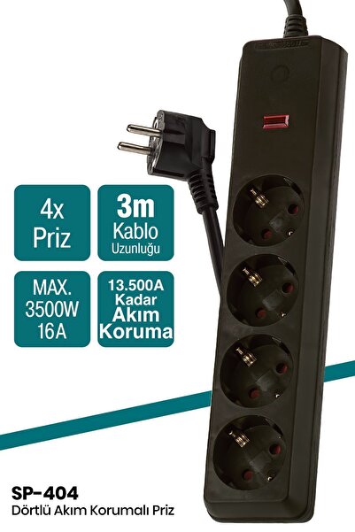 GOLDMASTER Akım Korumalı Çocuk Koruma Kilitli 3 Metre Kablo Uzunluklu 4'lü Grup Priz