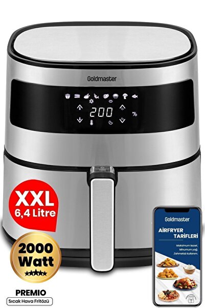 GOLDMASTER Premio 2000 Watt Yüksek Güç 6,4 Litre Inox Geniş Xxl Dokunmatik Airfryer Yağsız Sıcak Hava Fritözü